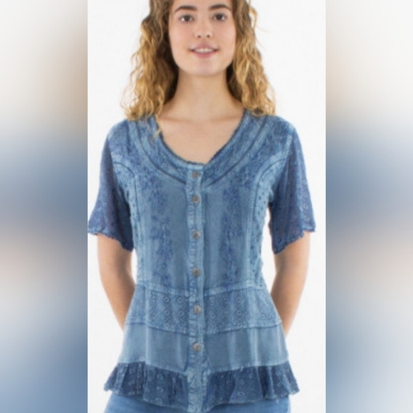 Coline Boho Button Down Ruffled Embroidered Viscose Top XXL - Picture 1 of 7